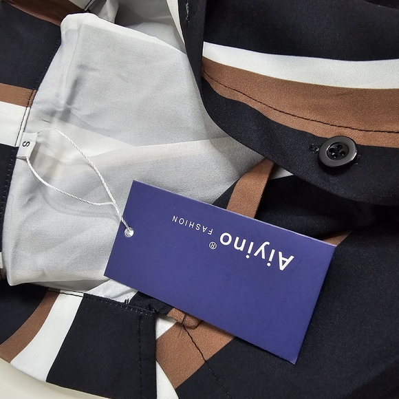 Men's Striped Casual Button Down Shirt - Navy, Brown, and White - Picture 4 of 7